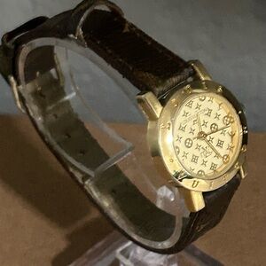 Louis Vuitton Gold Watch with Dark Brown Strap, elegant vintage watch, classic